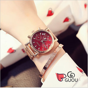 GUOU Women's Watches Fashion Rose Gold Fashion Ladies Wrist Watches For Women Watches Calendar Clock relogio feminino saat