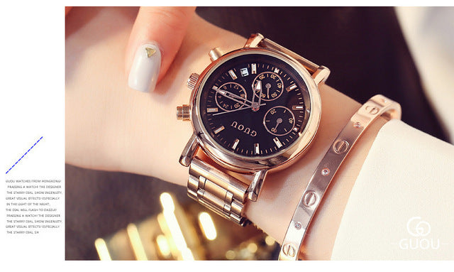 GUOU Women's Watches Fashion Rose Gold Fashion Ladies Wrist Watches For Women Watches Calendar Clock relogio feminino saat